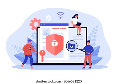 Tiny people protecting social media accounts with shield. Persons networking with phone or laptop flat vector illustration. Cyber security concept for banner, website design or landing web page