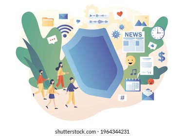 Tiny people protecting themselves from flow of information and news. Information detox. Information overload. Digital detox. Modern flat cartoon style. Vector illustration on white background