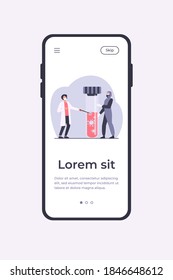 Pequeñas personas con uniforme protector portando un matraz con sangre. Coronavirus, máscara, análisis de ilustración vectorial plana. Concepto de pandemia y medicina para banner, diseño de sitios web o página web de aterrizaje