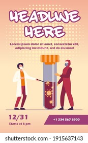 Pequeñas personas con uniforme protector portando un matraz con sangre. Coronavirus, máscara, análisis de ilustración vectorial plana. Concepto de pandemia y medicina para banner, diseño de sitios web o página web de aterrizaje