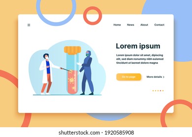 Kleine Menschen in einer schützenden Uniform, die einen Kolben mit Blut hält. Coronavirus, Maske, Analyse flache Vektorgrafik. Pandemie- und Medizingkonzept für Banner, Website-Design oder Landing-Webseite