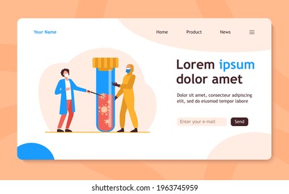 Tiny people in protective uniform holding flask with blood. Coronavirus, mask, analysis flat vector illustration. Pandemic and medicine concept for banner, website design or landing web page