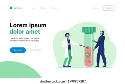 Pequeñas personas con uniforme protector portando un matraz con sangre. Coronavirus, máscara, análisis de ilustración vectorial plana. Concepto de pandemia y medicina para banner, diseño de sitios web o página web de aterrizaje