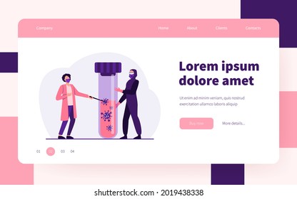 Tiny people in protective uniform holding flask with blood. Coronavirus, mask, analysis flat vector illustration. Pandemic and medicine concept for banner, website design or landing web page