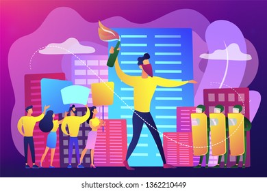 Tiny people protesters against politics with molotov cocktail and riot police. Mass demonstration, mass riots protest, violent massive march concept. Bright vibrant violet vector isolated illustration
