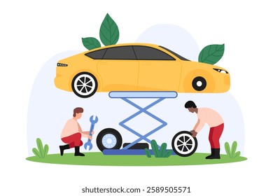 Tiny people providing tire service, focusing on vehicle maintenance, repair, and tire replacement, highlighting automotive care and mechanical work vector illustration.