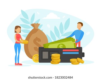 Tiny People with Purse and Money Bag, Investments, Savings, Income Flat Vector Illustration