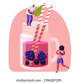 Tiny People Put Mint Leaf and Berries to Big Glass Cup with Pink Juice and Straws. Male and Female Characters Drinking Cold Drinks and Sweet Beverage at Summer Time. Cartoon Flat Vector Illustration