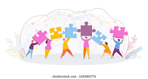 Tiny people put the pieces of the puzzle together. Teamwork, help and support, mutual understanding. Human Resource Management and Problem Solving. Trendy flat vector style.