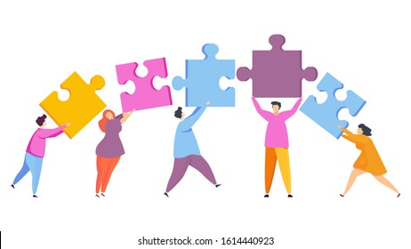 Tiny people put the pieces of the puzzle together. Teamwork, help and support, mutual understanding. Human Resource Management and Problem Solving. Trendy flat vector style.