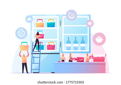 Tiny People Put Semifinished Products in Huge Refrigerator. Restaurant Chef Characters in Uniform Cooking Natural Fresh Meals Vegetables and Meat for Freezing, Frozen Food. Cartoon Vector Illustration