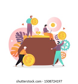 Tiny People Putting Big Dollar Coins Into Huge Purse, Vector Illustration. 