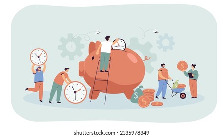 Tiny people putting clock into pig bank flat vector illustration. Men and women scheduling, planning tasks for saving money. Time turning into money. Business management, wealth concept