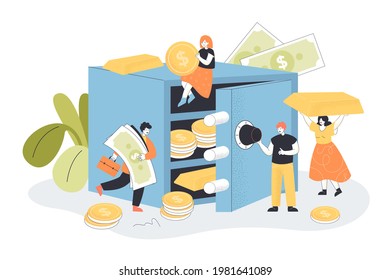 Tiny people putting gold and coins into safe. Man opening safe door with password flat vector illustration. Banking, money, finances protection concept for banner, website design or landing web page