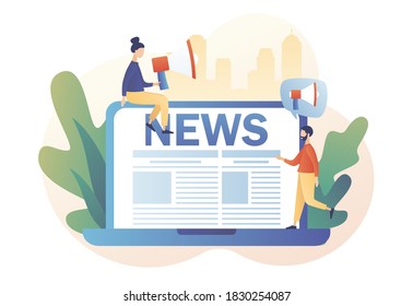 Tiny people read breaking news online using laptop. News. Modern flat cartoon style. Vector illustration on white background