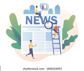 Tiny people read breaking news on newspaper. News. Modern flat cartoon style. Vector illustration on white background
