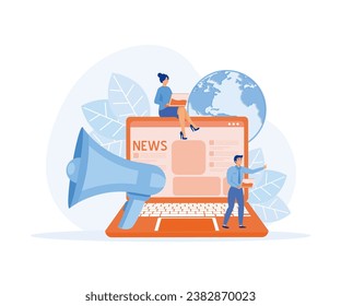 Tiny people read breaking news online using laptop.  Breaking news concept. flat vector modern illustration