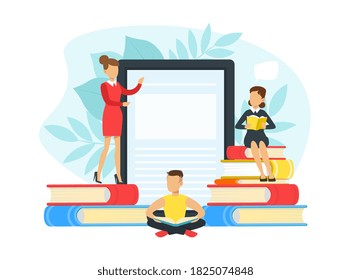Tiny People Reading Books, Digital Library, Education, Knowledge, Studying and Literature Concept Cartoon Vector Illustration