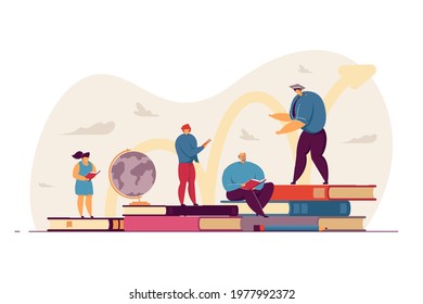 Tiny people reading books flat vector illustration. People of different age and gender educating themselves. Self-education, school, knowledge concept for banner, website design or landing web page