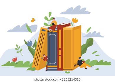 Tiny people reading books. Huge books with flowers, leaves and plants. Back to school, library or book festival concept. Vector illustration.