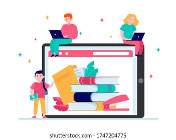 Tiny people reading books in online library. Internet, laptop, technology flat vector illustration. Knowledge and education concept for banner, website design or landing web page