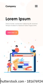 Tiny people reading books in online library. Internet, laptop, technology flat vector illustration. Knowledge and education concept for banner, website design or landing web page