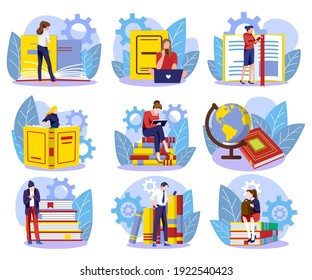 Tiny people reading different books set. Men, women and kids sitting on stack of giant books and enjoying of reading literature. Students, bookworms, literature lovers concept flat vector illustration