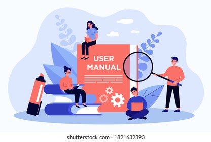 Tiny People Reading User Manual Isolated Flat Vector Illustration. Cartoon Characters Using Guidebook, Manual Book Or Handbook. Instructions And Guidance For Help Concept