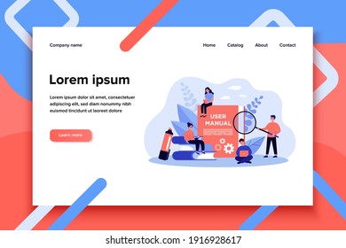 Tiny people reading user manual isolated flat vector illustration. Cartoon characters using guidebook, manual book or handbook. Instructions and guidance for help concept