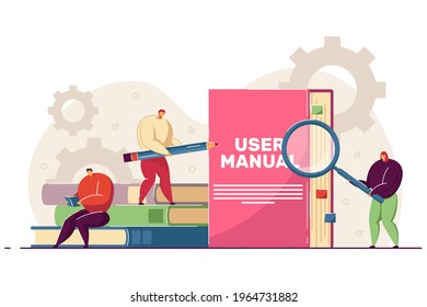 Tiny people reading user manual. Woman and man with magnifier and pencil using guidebook or instructions flat vector illustration. Guide, manual concept for banner, website design or landing web page