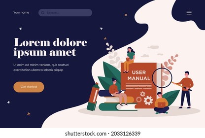 Tiny people reading user manual isolated flat vector illustration. Cartoon characters using guidebook, manual book or handbook. Instructions and guidance for help concept