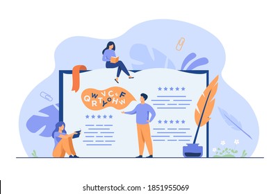 Tiny people reading and writing poetry or poem isolated flat vector illustration. Cartoon characters standing or sitting near open book, ink and feather. Entertainment and literature concept