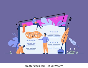 Tiny people reading and writing poetry or poem isolated flat vector illustration. Cartoon characters standing or sitting near open book, ink and feather. Entertainment and literature concept