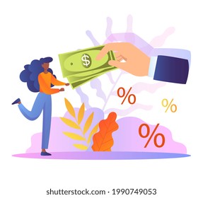 Tiny people receive governmental guarantee basic income to resident citizens equality. Social support system. Flat abstract metaphor cartoon vector concept design isolated on white background