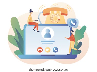 Tiny people receive incoming call online. Phone call concept. Accept Button, Decline Button, Video call. Communication device. Retro phone. Modern flat cartoon style. Vector illustration