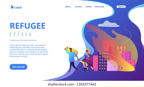 Tiny people refugee migrant family in destroyed city searching for new home. Refugees people, refugee crisis, forced displaced people concept. Website vibrant violet landing web page template.