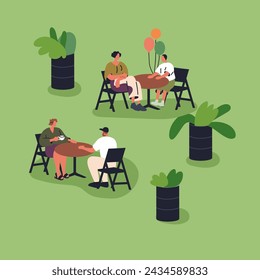 Tiny people relaxing at outdoor tables in park. Characters resting in nature, sitting in chairs at food court on summer holiday, weekend festival, leisure time outside. Flat vector illustration