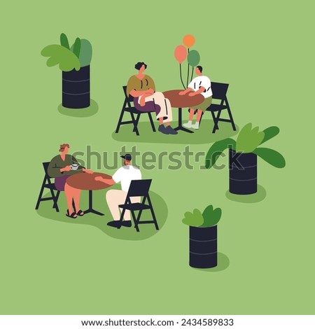 Tiny people relaxing at outdoor tables in park. Characters resting in nature, sitting in chairs at food court on summer holiday, weekend festival, leisure time outside. Flat vector illustration