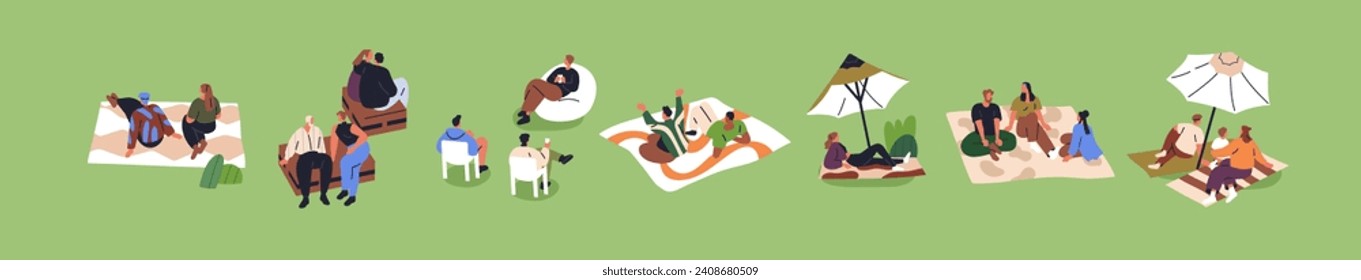 Tiny people relaxing outdoors. Families, friends, couples resting in nature, lying, sitting on blankets, grass, chairs outside in park at summer weekend. Isolated flat graphic vector illustrations