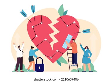 Pequeñas personas reparando el vulnerable corazón roto. Corazón de la fractura de persona sensible después de la falla en la ilustración portadora plana de la relación. El amor, el concepto de las emociones para el banner o la página web de inicio