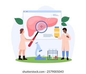 Tiny people researching liver health, studying organ function and treatments, emphasizing medical research and healthcare advancements vector illustration.