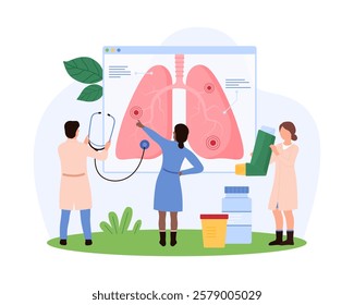 Tiny people researching lung health, analyzing respiratory functions and treatments, focusing on medical science advancements and healthcare vector illustration.