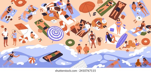 Tiny people rest on beach top view. Summer vacation on coast panorama. Crowd sunbathing on seashore, swimming in sea, lying on inflatable mattress. Kids building sand castle. Flat vector illustration