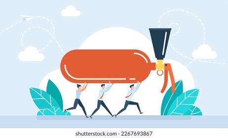 Tiny people rush to put out the fire. Office workers holds red fire extinguisher. Business people extinguishes a fire. Dangerous situation. Firefighters. Flat design. Vector illustration.