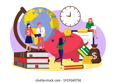 Tiny people saving money for educational expenses. Investing in knowledge, accumulation of money to achieve degree, student loan, financial aid concept cartoon vector illustration