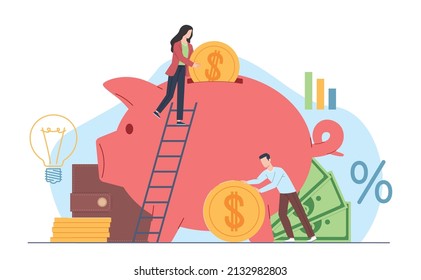 Tiny people saving money. Man and woman make financial saving, big piggy bank, persons roll golden coins, family investments, putting income and cash on deposit vector cartoon flat concept