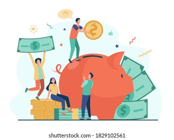 Tiny people saving money in piggy bank isolated flat vector illustration. Cartoon characters putting income and cash on deposit. Business, wealth and financial investment concept