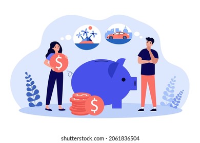 Tiny people saving money in piggy bank. Man and woman dreaming of new car and vacation flat vector illustration. Dream about financial freedom concept for banner, website design or landing web page