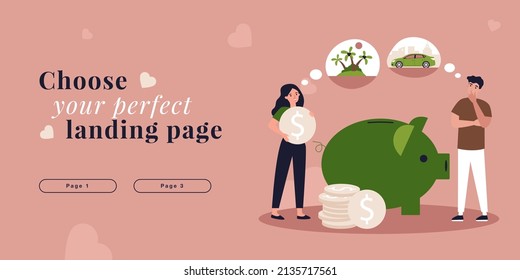 Tiny people saving money in piggy bank. Man and woman dreaming of new car and vacation flat vector illustration. Dream about financial freedom concept for banner, website design or landing web page