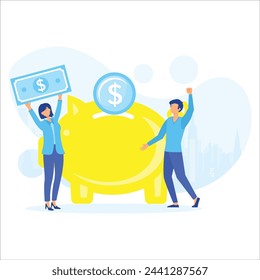 Tiny people saving money in piggy bank isolated flat vector illustration.